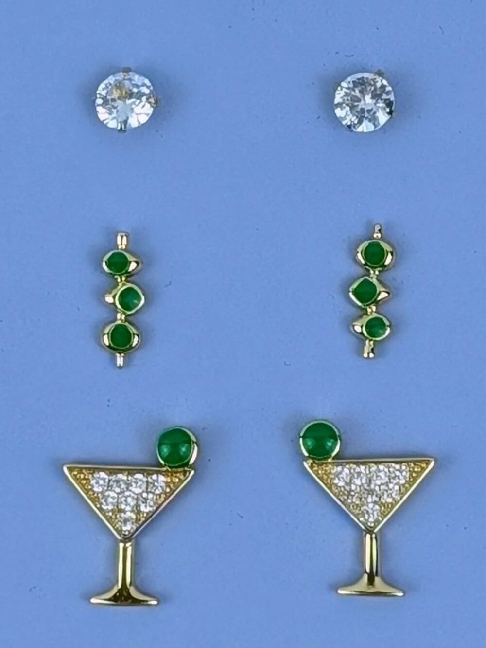 Martini Stud Earrings Set Of 3 CZ Green Enamel Goldtone Post Back Gift Boxed NWT